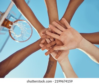 Teamwork, Motivation And Basketball Player Hand Collaboration In Support Of A Plan And Game Strategy. Below. Huddle Group In Training Or Practice During Competitive Sport Challenge At Outdoor Court