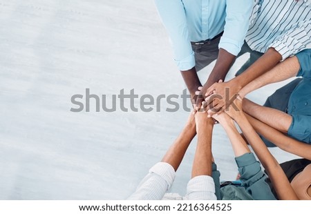 Teamwork, motivation and diversity hands stacked with mock up corporate marketing or advertising space. Group support, community or staff team building for project goal, solidarity and collaboration
