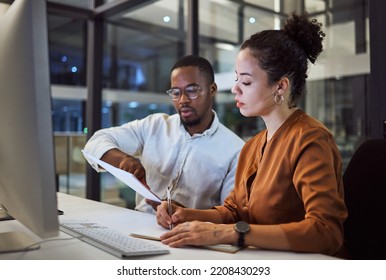 Teamwork in New York office at night, business document reading together and professional accounting report. Black man with financial audit, showing latino woman figures and employee collaboration