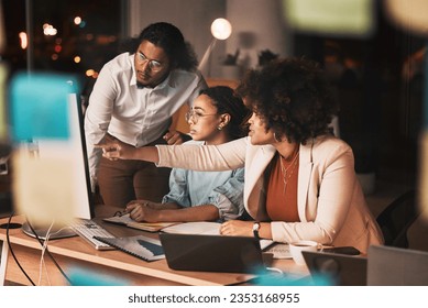 Teamwork, night and meeting at computer with problem solving, ideas and planning startup project together. Workshop, overtime and office, business people brainstorming at agency with man and woman.