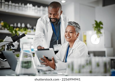 Teamwork, people or tablet in biology laboratory, science collaboration or mature medical research of engineering. Happy scientist, technology or green plant sustainability for growth innovation agro