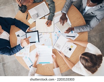 Teamwork, planning and technology documents from above of startup business meeting working on digital finance accounting data. Success, collaboration and partnership of creative web design management