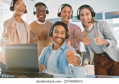 Teamwork, portrait and call center people with thumbs up, contact us with headphones and help desk. Consultant group with hand gesture, diversity and customer service with support, trust and advice - Powered by Shutterstock