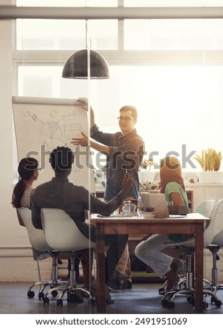 Teamwork, presentation and man in office for meeting, business or ideas for project. Collaboration, brainstorming and people with whiteboard in conference room for coaching or strategy for company