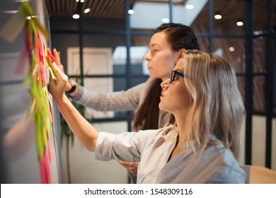 Teamwork, project management, agile methodology. Two young business women in the office are planning product development and support. Colleagues glue sticky stickers on the Board