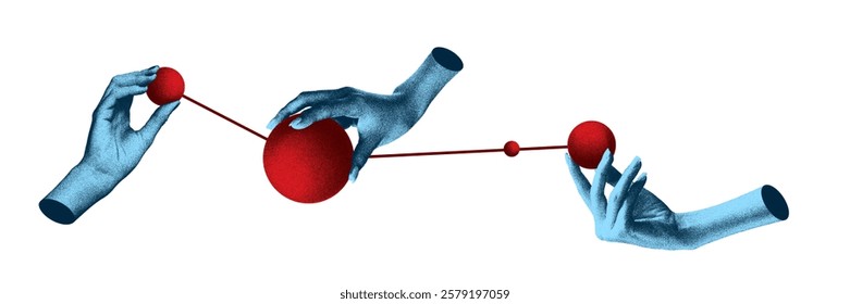 Teamwork representation with hands balancing red spheres on connected lines. Abstract design in cover style photocopy effect. Concept of business, modern approach to collaboration and connectivity.