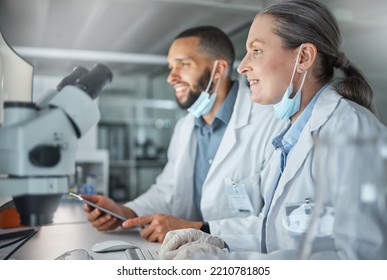 Teamwork, Science And Scientist Working On Covid Research, Biotechnology And Dna Data Analysis Together In Laboratory. Smile, Collaboration And Happy Woman Reading Medical Information With A Partner