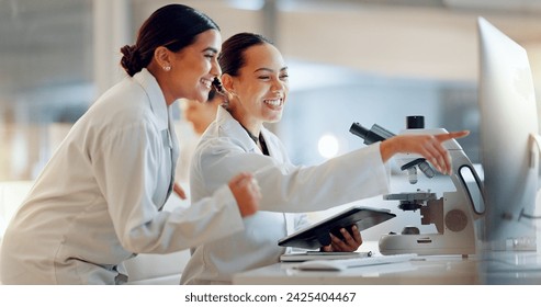 Teamwork, scientist or women celebrate for success, medicine breakthrough or partnership in lab. Science, collaboration or happy doctors celebrate medical support, goal target or DNA news with smile - Powered by Shutterstock