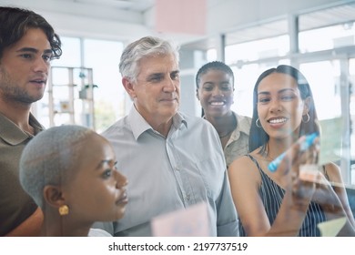 Teamwork Solution, Planning Strategy Ideas And Employee Collaboration In Learning, Meeting And Vision On Glass Wall In Creative Agency. Diversity, Business People And Designers Working Schedule Notes