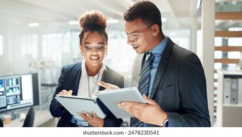 Teamwork, statistics and business people on tablet in office for stock trading, research and finance. Collaboration, fintech and man and woman on digital tech with graph, chart and data analysis - Powered by Shutterstock