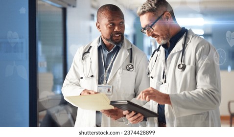 Teamwork, tablet or senior doctors talking for advice in healthcare discussion for file documents. Mature surgeon, leadership or men speaking of collaboration for medical research in hospital clinic - Powered by Shutterstock