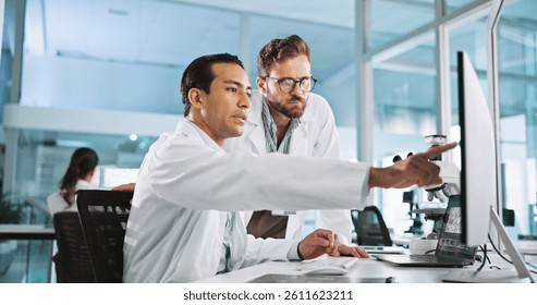 Teamwork, talking or scientists on computer for medical breakthrough, clinical trial or DNA discovery. People, biology test or science research in lab with results notes, bacteria or medicine cure