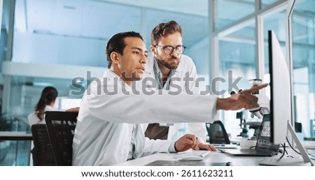 Teamwork, talking or scientists on computer for medical breakthrough, clinical trial or DNA discovery. People, biology test or science research in lab with results notes, bacteria or medicine cure