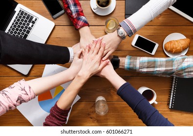 Teamwork, Team Connect Hands Togetherness Concept, Show Connection And Alliance. Teambuilding In The Office, Young Businessmen And Women In Casual Unite Hands For Teamwork And Cooperation