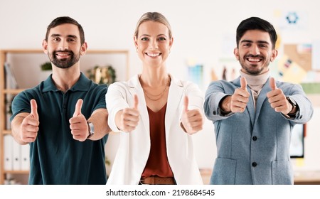 Teamwork Thumbs Up, Business Motivation And Success, Support And Yes Vote For Goal, Winning And Praise In Office. Portrait Of Happy, Smile And Excited Collaboration As Yes Emoji, Agreement And Thanks