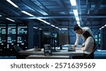 Teamworking colleagues in high tech data center managing and maintaining databases, ensuring data integrity, security and availability. Team of specialists updating server room systems, camera B