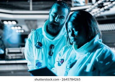 Teamworking cosmonauts exploring planetary surfaces, preparing for mission outside. Orbital station coworkers beginning landing procedures on blue planet, mapping unknown worlds