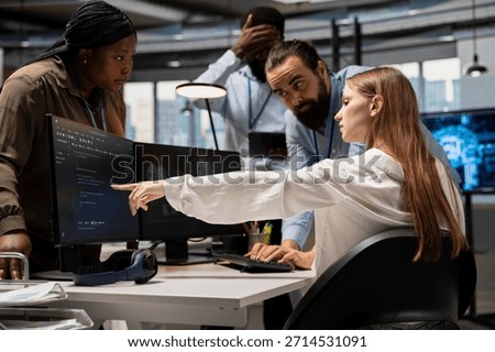 Teamworking programmers doing brainstorming, adjusting deep learning algorithms parameters to automate tasks. Team of IT experts working together in technology company, doing code optimization with AI