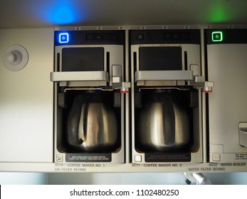 Teapot And Coffee Pot In Galley Kitchen On Airbus A380 Airplane