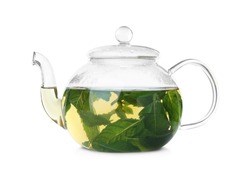 Teapot With Hot Aromatic Mint Tea Isolated On White