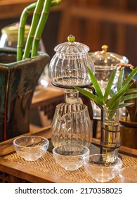 Teapot Suit, A Glass Teapot And Cups Set On A Wooden Tray. Tea Maker Set.