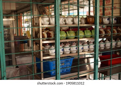 Teapots At Dim Sum Shop In Penang