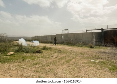 A Tear Gas Canister Explodes Near Protesters In Bilin, West Bank, Palestine, 15/02/19