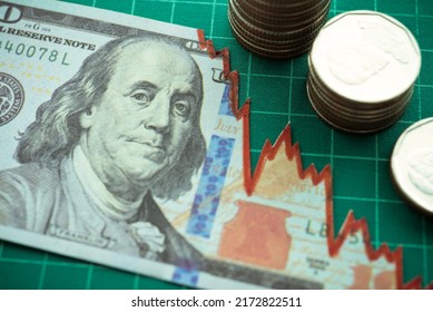 Tear off US dollar banknote and coins stacks as chart graph down. The Federal Reserve ( FED ) increase % interest rates to fix inflation crisis. World global economy recession and stagflation concept. - Shutterstock ID 2172822511
