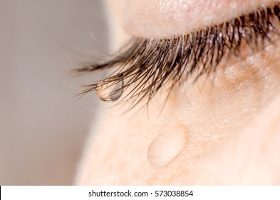 A Tear On Eyelashes And Cheek.