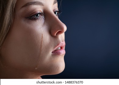 Tears On Woman Face, Beauty Girl Cry On Black Background