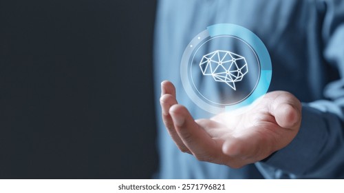 Tech ai analyzing data. Technology artificial intelligence analysis. A man is holding a brain in his hand. The brain is surrounded by a blue circle.