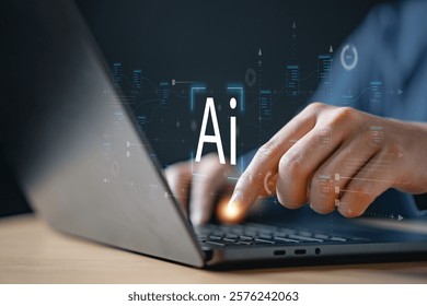 Tech ai analyzing data. Technology artificial intelligence analysis. A person is using a laptop with the word AI on the screen. The image represents the concept of artificial intelligence.