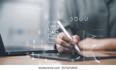 Tech ai analyzing data. Technology artificial intelligence analysis. A person is writing on a tablet with a stylus. The tablet is displaying a complex design with various shapes and lines.
