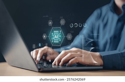 Tech ai analyzing data. Technology artificial intelligence analysis. A man is typing on a laptop with a screen that has a picture of a brain and the word AI.