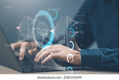 Tech ai analyzing data. Technology artificial intelligence analysis. A man is typing on a laptop with a brain image on the screen. The image is colorful and has a futuristic feel to it.