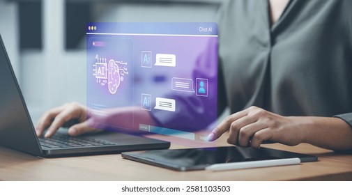 Tech ai analyzing data. Technology artificial intelligence analysis. A woman is using a laptop and tablet to interact with a virtual chat room. Concept of modern technology.