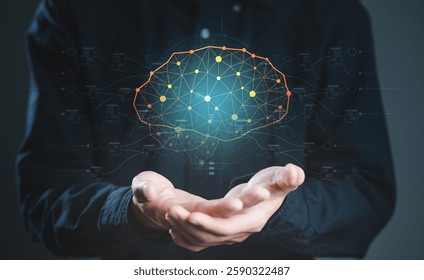 Tech ai analyzing data. Technology artificial intelligence analysis. A man is holding a brain in his hand, surrounded by a network of lines and dots. Concept of complexity and interconnectedness.