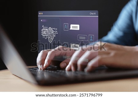 Tech ai analyzing data. Technology artificial intelligence analysis. A person is typing on a laptop with a screen showing a drawing of a heart. The drawing is accompanied by a chat window.