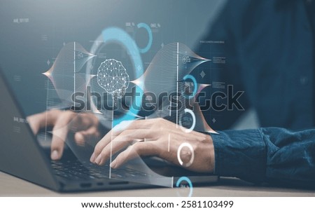 Tech ai analyzing data. Technology artificial intelligence analysis. A man is typing on a laptop with a brain image on the screen. The image is colorful and has a futuristic feel to it.