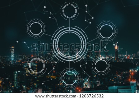 Tech circle with aerial view of Tokyo, Japan at night