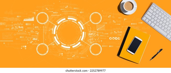 Tech circle with a computer keyboard and office items