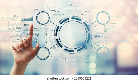 Tech circle with hand pressing a button on a technology screen - Powered by Shutterstock - Get 15% off with code: PIKWIZARD15