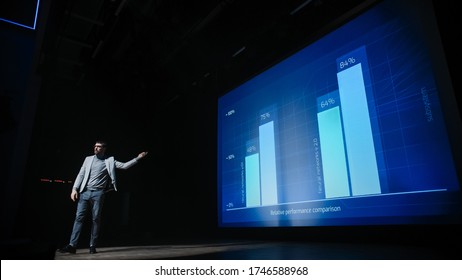 Tech Conference Stage: Speaker Talks About Product. Neural Networks, Artificial Intelligence, Big Data And Machine Learning. Screen Shows Infographics, Statistics. Live Startup Business Event