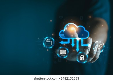 Tech Consultant pointing to cloud computing diagram. Cloud technology, Data storage, Online data management system, information system for business, Networking and internet service concept. Cloud tech - Powered by Shutterstock