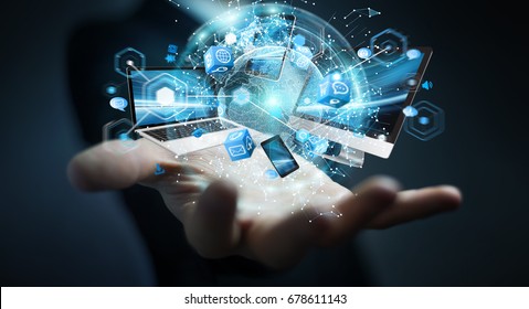 Tech devices connected to each other by businessman on blurred background 3D rendering