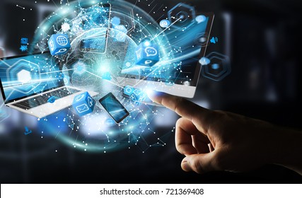 Tech devices connected to each other by businessman on blurred background 3D rendering
