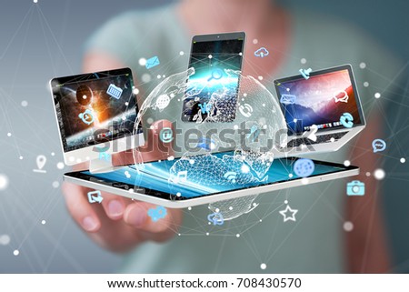 Tech devices connected to each other by businesswoman on blurred background 3D rendering