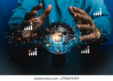 Tech forecasting concept: Magic Glass ball display People are increasingly using AI Technology