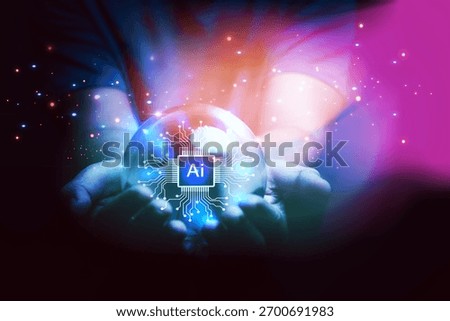 Tech forecasting concept : Shining Ai tech icon display on magic crystal ball sphere with the colorful magic lighting ,Meaning of hope and beautiful world, Safety Ai system ethic and control