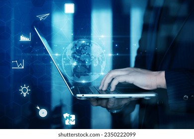Tech and global data network digital and icons connected to digital planet earth, Communication global connecting, Business technology data digital.